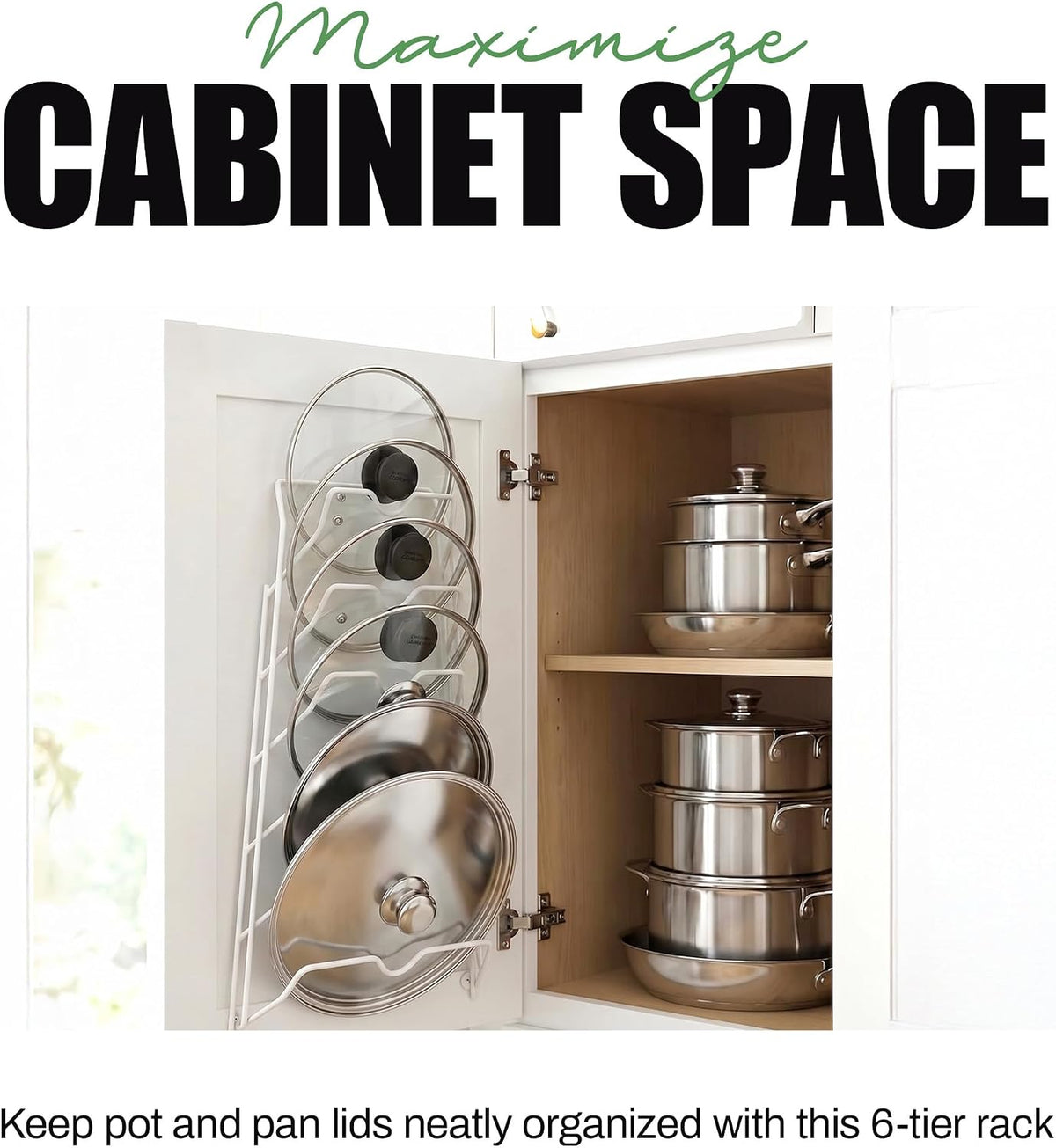 6-Slot Pot Lid Organizer, Cabinet Door or Wall Rack, White, 1-Pack | Six slots organize glass and metal pot or pan lids; mount on a cabinet door or pantry wall to maximize kitchen storage.