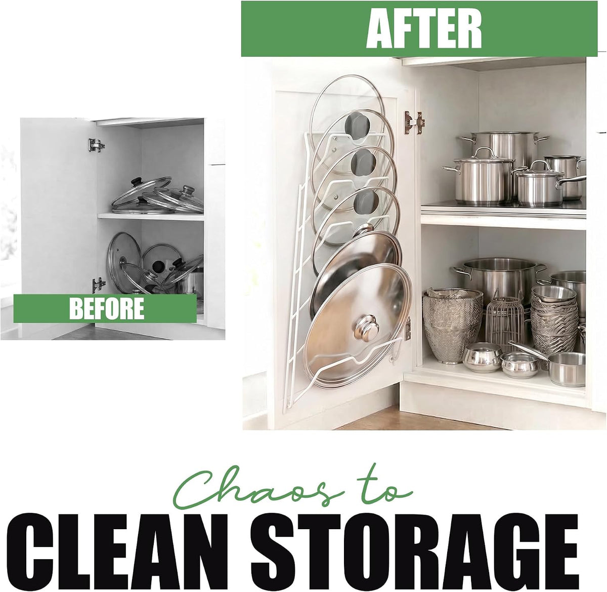 6-Slot Pot Lid Organizer, Cabinet Door or Wall Rack, White, 1-Pack | Six slots organize glass and metal pot or pan lids; mount on a cabinet door or pantry wall to maximize kitchen storage.