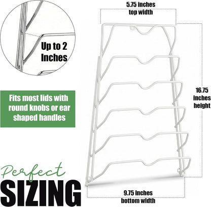 6-Slot Pot Lid Organizer, Cabinet Door or Wall Rack, White, 1-Pack | Six slots organize glass and metal pot or pan lids; mount on a cabinet door or pantry wall to maximize kitchen storage.