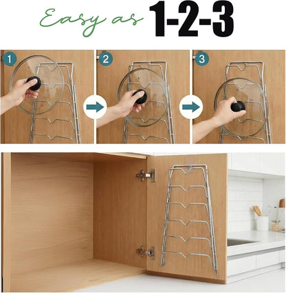 6-Slot Pot Lid Organizer, Cabinet Door or Wall Rack, White, 1-Pack | Six slots organize glass and metal pot or pan lids; mount on a cabinet door or pantry wall to maximize kitchen storage.