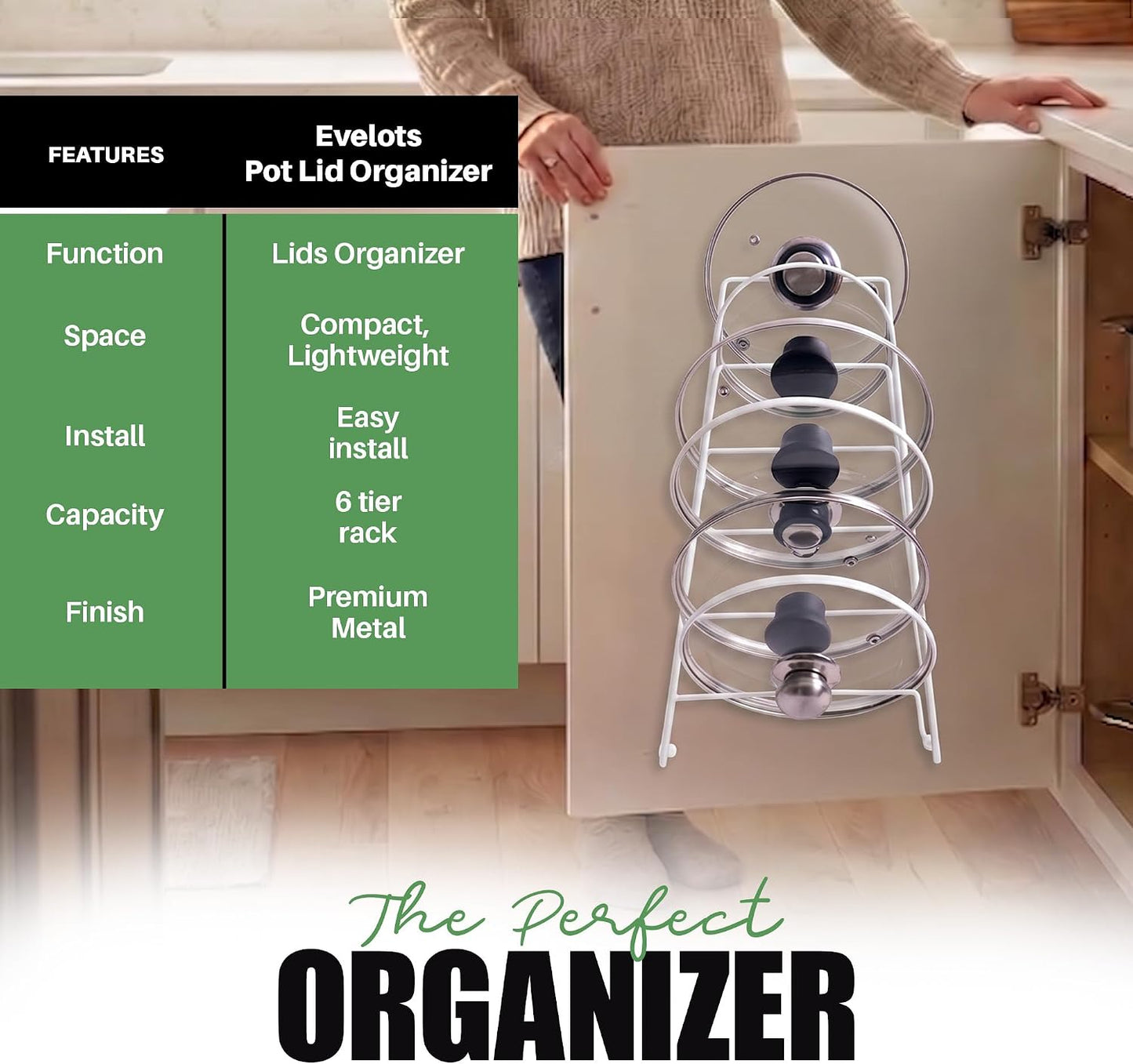 6-Slot Pot Lid Organizer, Cabinet Door or Wall Rack, White, 1-Pack | Six slots organize glass and metal pot or pan lids; mount on a cabinet door or pantry wall to maximize kitchen storage.