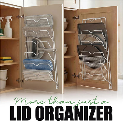 6-Slot Pot Lid Organizer, Cabinet Door or Wall Rack, White, 1-Pack | Six slots organize glass and metal pot or pan lids; mount on a cabinet door or pantry wall to maximize kitchen storage.