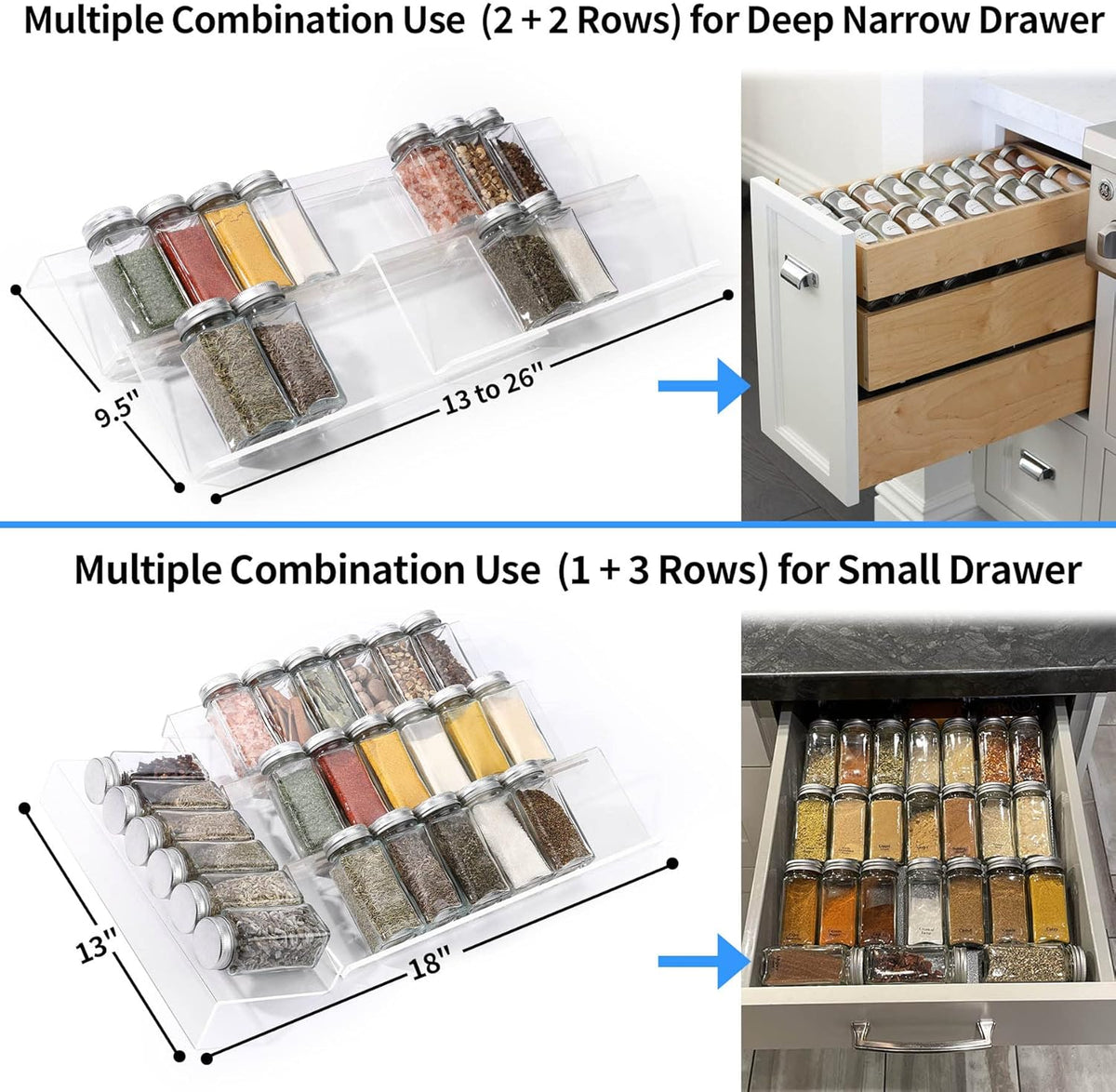 Clear Acrylic Spice Drawer Organizer, 4 Tier- 2 Set Expandable From 13" to 26" Drawer Seasoning Organizer, Kitchen Spice Rack Tray for Drawer/Countertop (Jars not included)