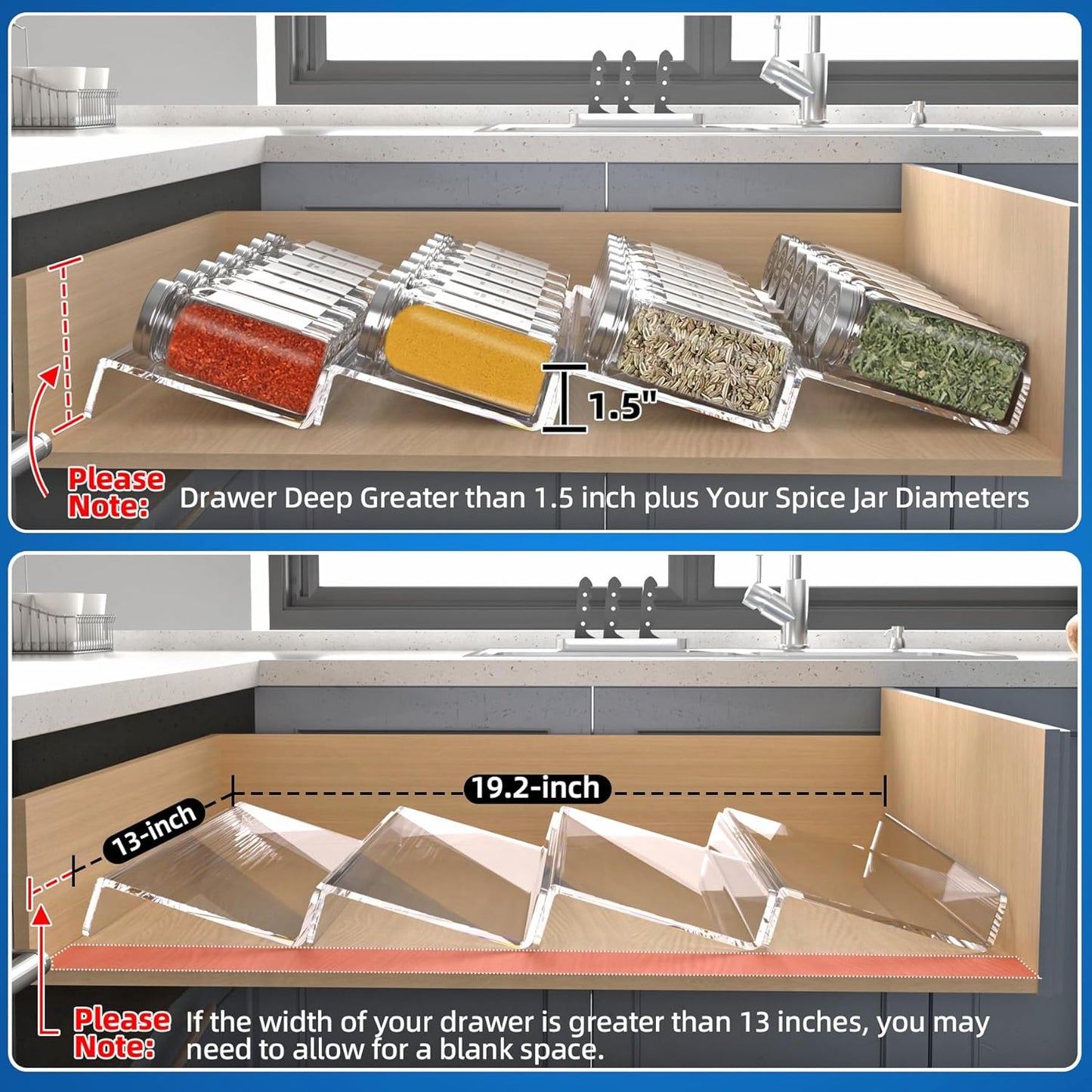 Clear Acrylic Spice Drawer Organizer, 4 Tier- 2 Set Expandable From 13" to 26" Drawer Seasoning Organizer, Kitchen Spice Rack Tray for Drawer/Countertop (Jars not included)
