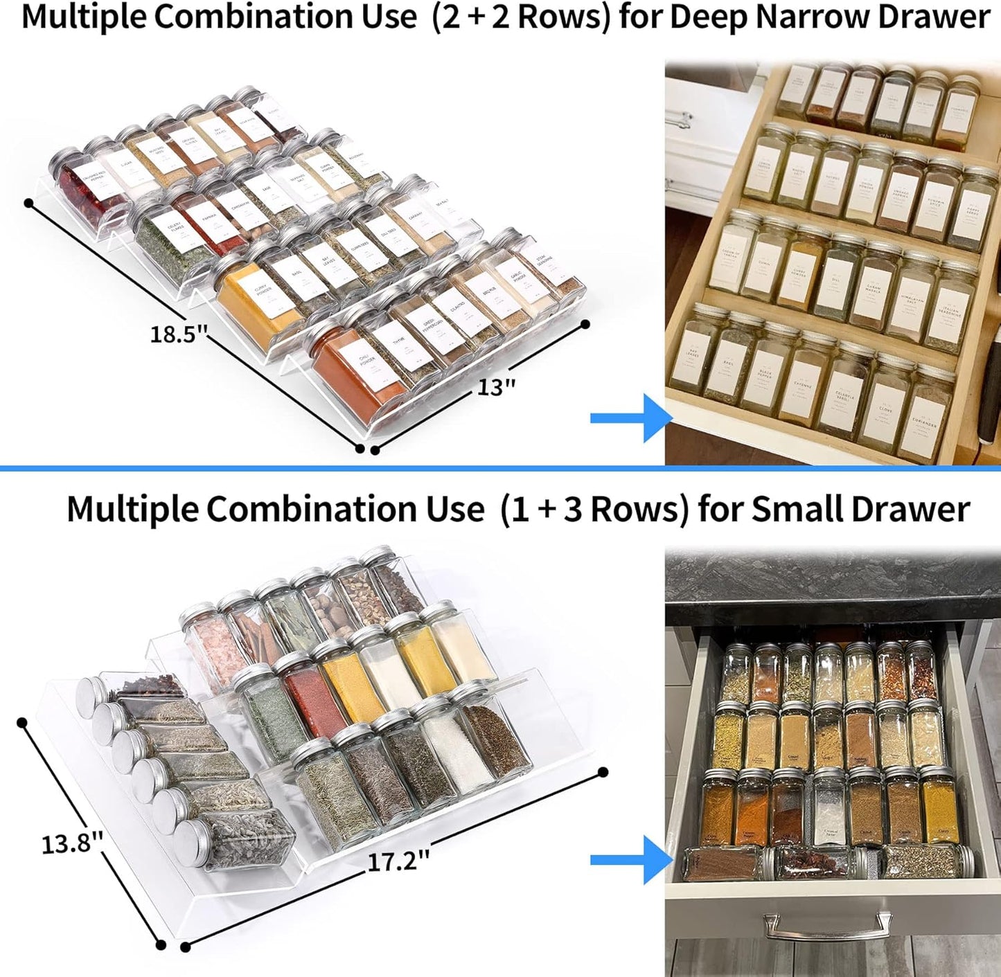 Clear Acrylic Spice Drawer Organizer, 4 Tier- 2 Set Expandable From 13" to 26" Drawer Seasoning Organizer, Kitchen Spice Rack Tray for Drawer/Countertop (Jars not included)