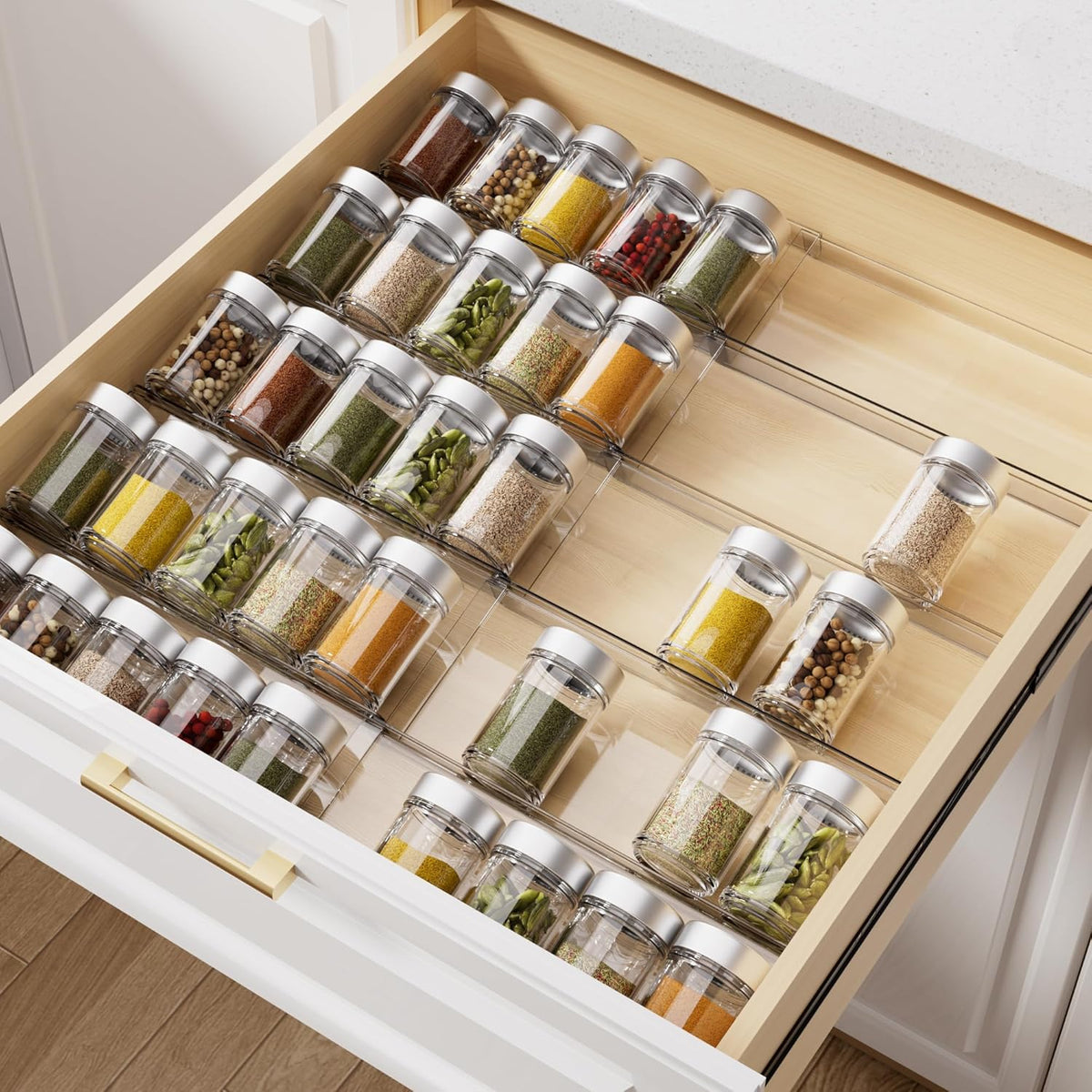Clear Acrylic Spice Drawer Organizer, 4 Tier- 2 Set Expandable From 13" to 26" Drawer Seasoning Organizer, Kitchen Spice Rack Tray for Drawer/Countertop (Jars not included)