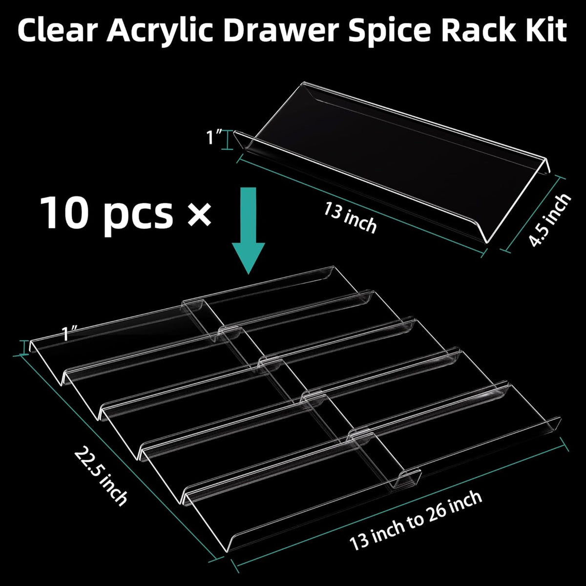 Clear Acrylic Spice Drawer Organizer, 4 Tier- 2 Set Expandable From 13" to 26" Drawer Seasoning Organizer, Kitchen Spice Rack Tray for Drawer/Countertop (Jars not included)