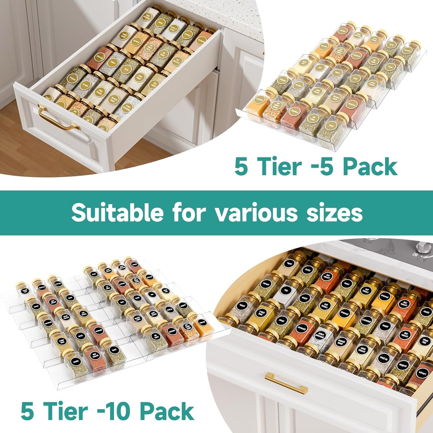 Clear Acrylic Spice Drawer Organizer, 4 Tier- 2 Set Expandable From 13" to 26" Drawer Seasoning Organizer, Kitchen Spice Rack Tray for Drawer/Countertop (Jars not included)