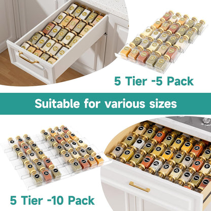 Clear Acrylic Spice Drawer Organizer, 4 Tier- 2 Set Expandable From 13" to 26" Drawer Seasoning Organizer, Kitchen Spice Rack Tray for Drawer/Countertop (Jars not included)