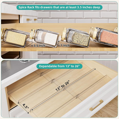 Clear Acrylic Spice Drawer Organizer, 4 Tier- 2 Set Expandable From 13" to 26" Drawer Seasoning Organizer, Kitchen Spice Rack Tray for Drawer/Countertop (Jars not included)