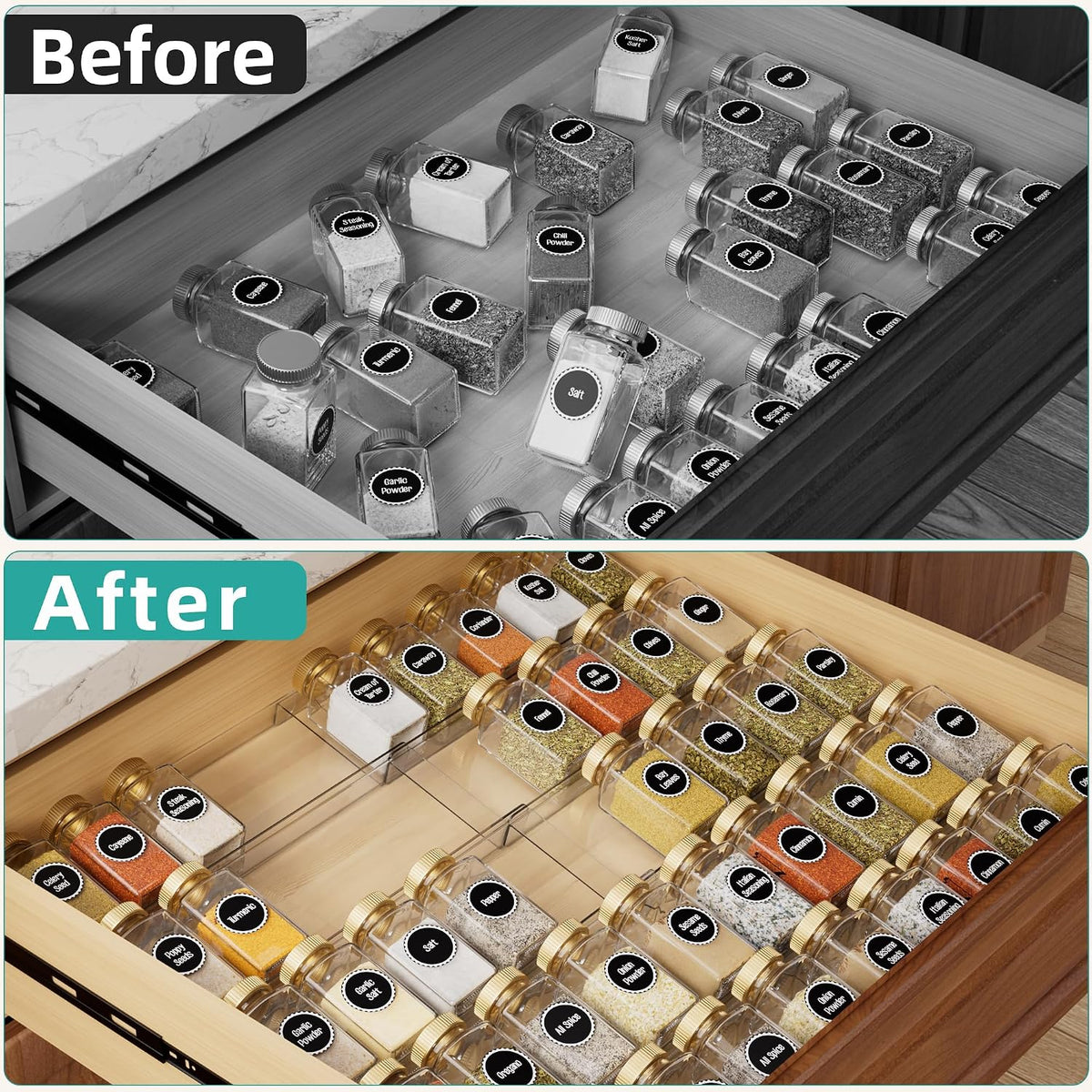 Clear Acrylic Spice Drawer Organizer, 4 Tier- 2 Set Expandable From 13" to 26" Drawer Seasoning Organizer, Kitchen Spice Rack Tray for Drawer/Countertop (Jars not included)