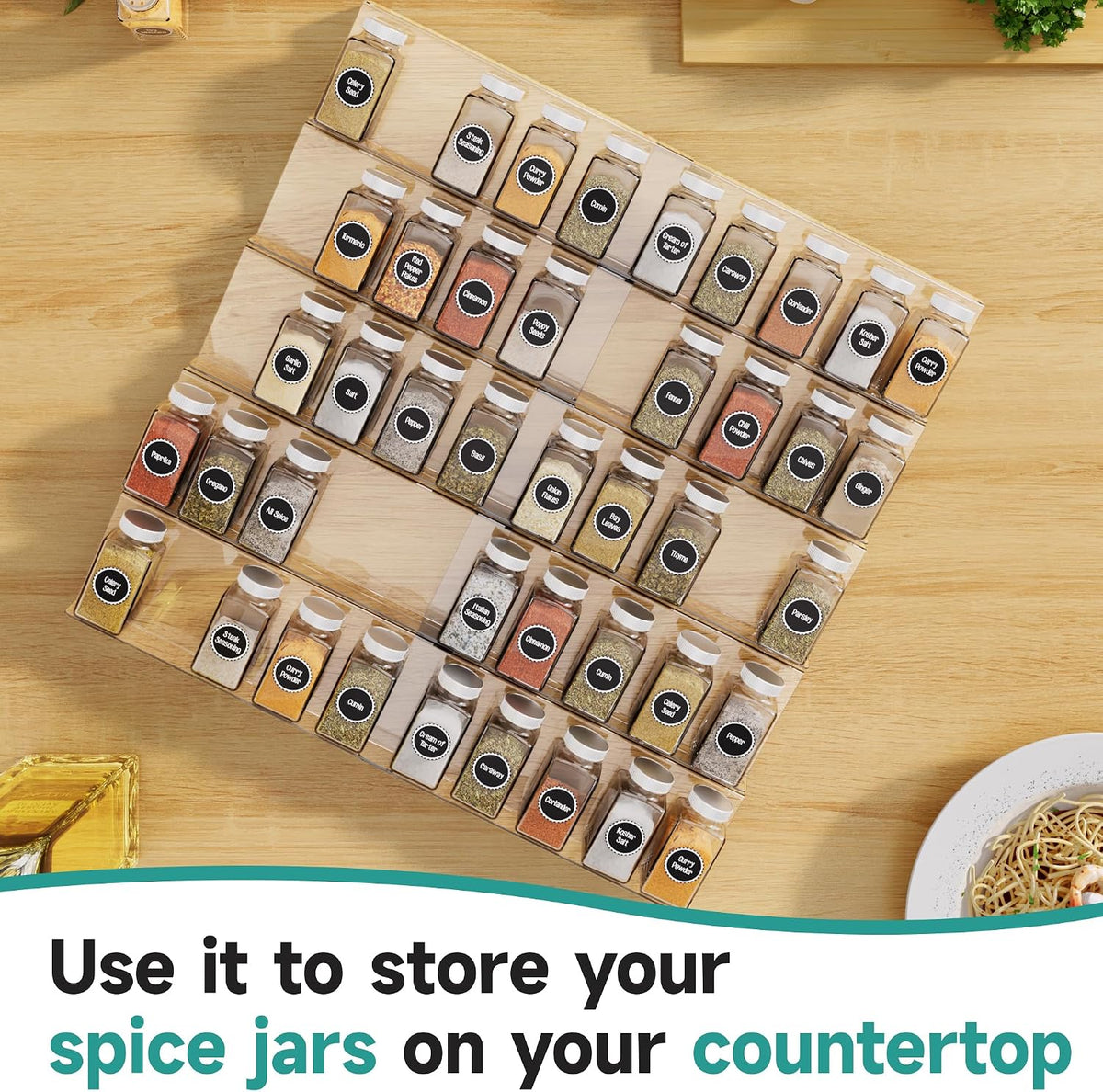 Clear Acrylic Spice Drawer Organizer, 4 Tier- 2 Set Expandable From 13" to 26" Drawer Seasoning Organizer, Kitchen Spice Rack Tray for Drawer/Countertop (Jars not included)
