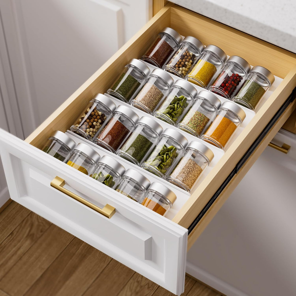 Clear Acrylic Spice Drawer Organizer, 4 Tier- 2 Set Expandable From 13" to 26" Drawer Seasoning Organizer, Kitchen Spice Rack Tray for Drawer/Countertop (Jars not included)