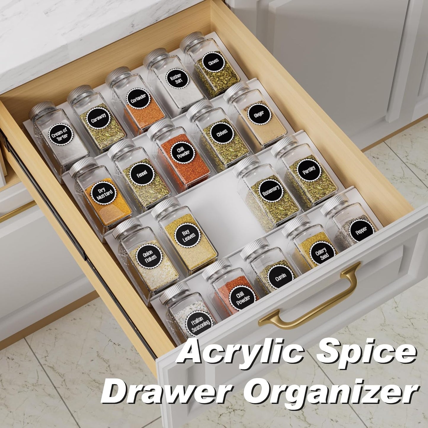 Clear Acrylic Spice Drawer Organizer, 4 Tier- 2 Set Expandable From 13" to 26" Drawer Seasoning Organizer, Kitchen Spice Rack Tray for Drawer/Countertop (Jars not included)