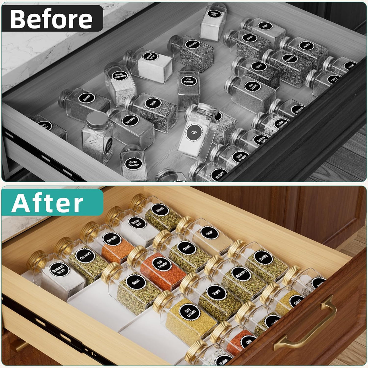 Clear Acrylic Spice Drawer Organizer, 4 Tier- 2 Set Expandable From 13" to 26" Drawer Seasoning Organizer, Kitchen Spice Rack Tray for Drawer/Countertop (Jars not included)