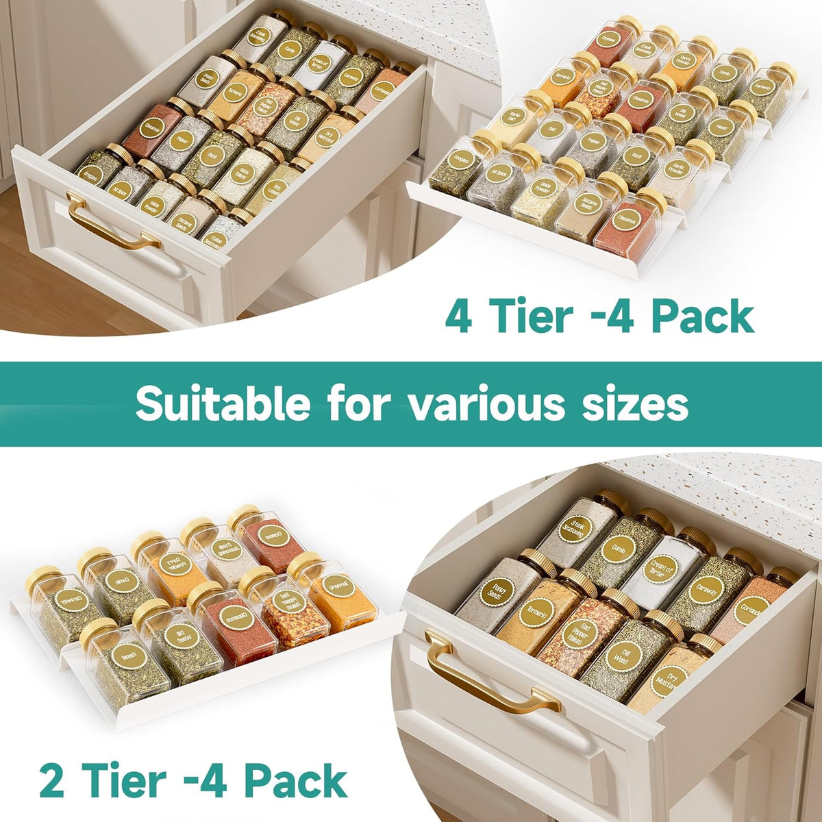 Clear Acrylic Spice Drawer Organizer, 4 Tier- 2 Set Expandable From 13" to 26" Drawer Seasoning Organizer, Kitchen Spice Rack Tray for Drawer/Countertop (Jars not included)