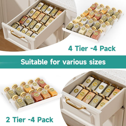 Clear Acrylic Spice Drawer Organizer, 4 Tier- 2 Set Expandable From 13" to 26" Drawer Seasoning Organizer, Kitchen Spice Rack Tray for Drawer/Countertop (Jars not included)