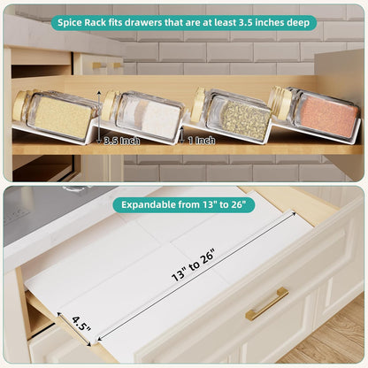 Clear Acrylic Spice Drawer Organizer, 4 Tier- 2 Set Expandable From 13" to 26" Drawer Seasoning Organizer, Kitchen Spice Rack Tray for Drawer/Countertop (Jars not included)