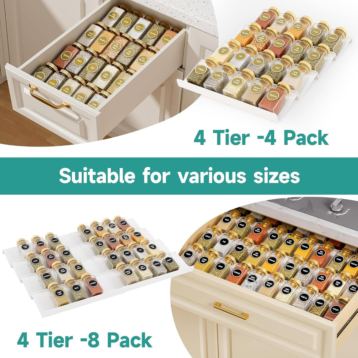Clear Acrylic Spice Drawer Organizer, 4 Tier- 2 Set Expandable From 13" to 26" Drawer Seasoning Organizer, Kitchen Spice Rack Tray for Drawer/Countertop (Jars not included)