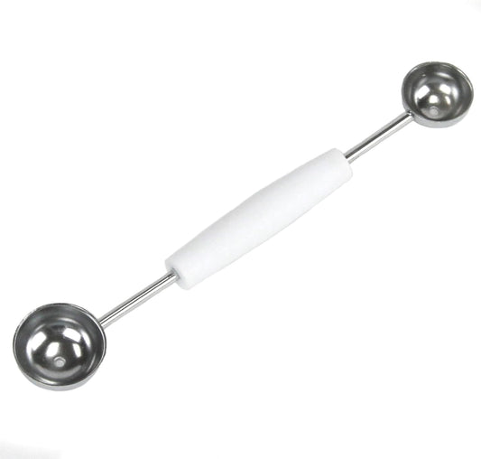 Double Sided Stainless Steel Melon Baller, 7.5 inches in length, White