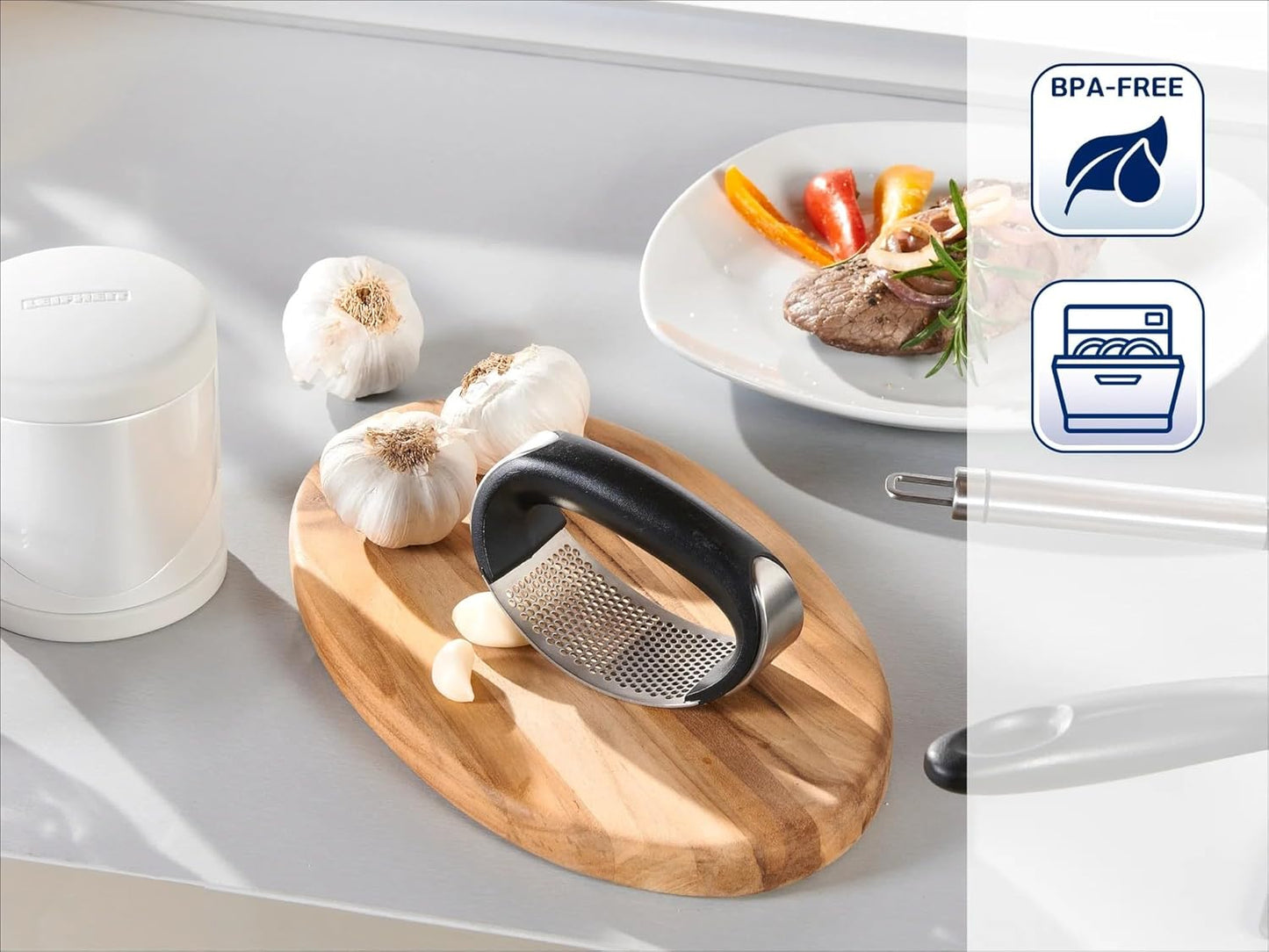 Garlic-King Proline Garlic Press Rocker, Time Saving, Durable Strong Mincer Tool - Easy to Use & Clean Crusher, Dishwasher Safe, Kitchen Gadget Smasher, Black/Silver