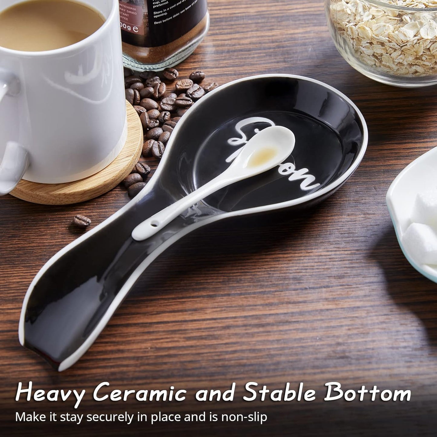 Ceramic Spoon Rest for Stove Top, Large Spoon Holder, Spoon Rest for Kitchen Counter, Spatula Holder Utensil Rest for Ladles, Tong, Modern Rustic Kitchen Decor, Black