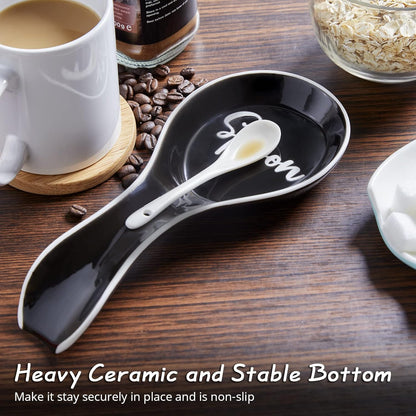 Ceramic Spoon Rest for Stove Top, Large Spoon Holder, Spoon Rest for Kitchen Counter, Spatula Holder Utensil Rest for Ladles, Tong, Modern Rustic Kitchen Decor, Black