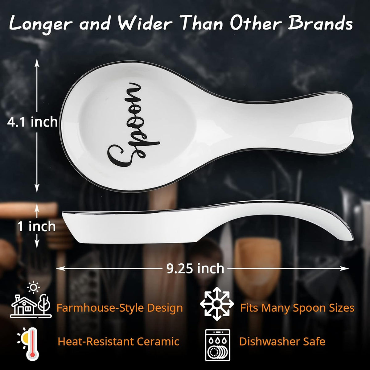 Ceramic Spoon Rest for Stove Top, Large Spoon Holder, Spoon Rest for Kitchen Counter, Spatula Holder Utensil Rest for Ladles, Tong, Modern Rustic Kitchen Decor, Black