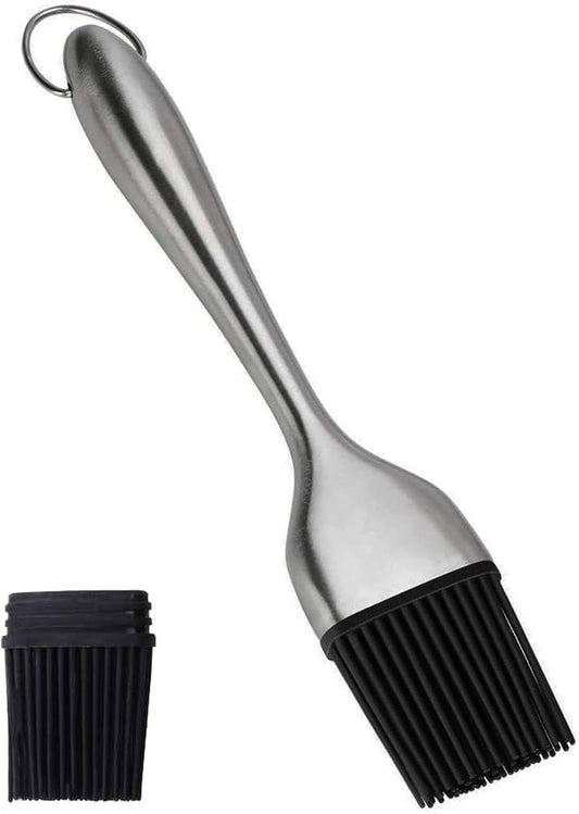 Stainless Steel Basting Pastry Basting Brush 7.87in Cooking Brush | with Back up Silicone Brush Heads,Heat-Resistant,Reusable,Food Brush, for Spreading Oil, Marinade,Sauce, BBQ, Baking Grilling