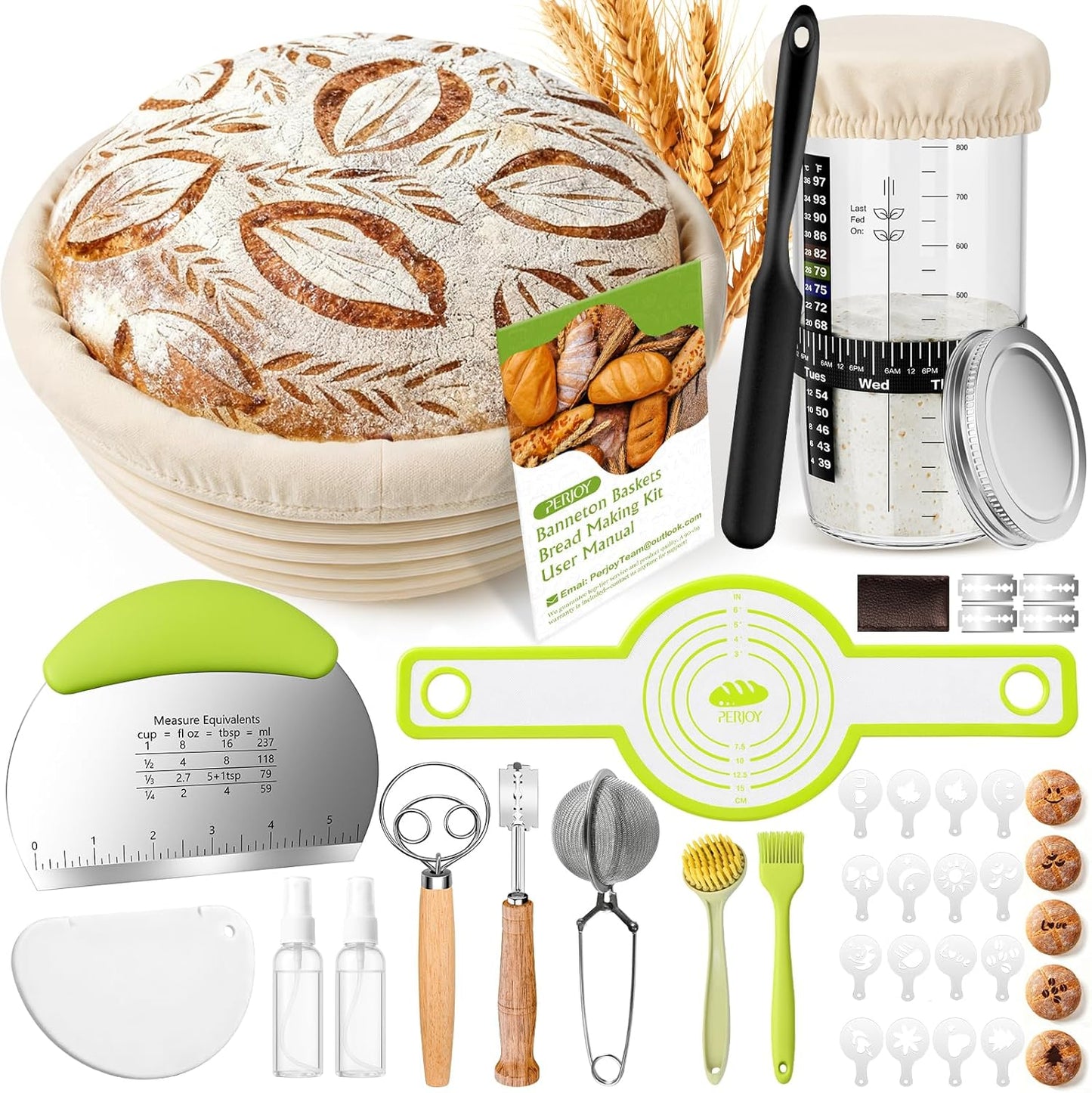 Sourdough Starter Kit, 9'' Round Banneton Bread Proofing Basket, Sourdough Kit with Jar, Sourdough Bread Baking Supplies with Bread Lame, Dough Scraper, Dough Whisk, Silicone Bread Sling