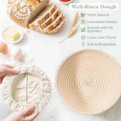 Sourdough Starter Kit, 9'' Round Banneton Bread Proofing Basket, Sourdough Kit with Jar, Sourdough Bread Baking Supplies with Bread Lame, Dough Scraper, Dough Whisk, Silicone Bread Sling