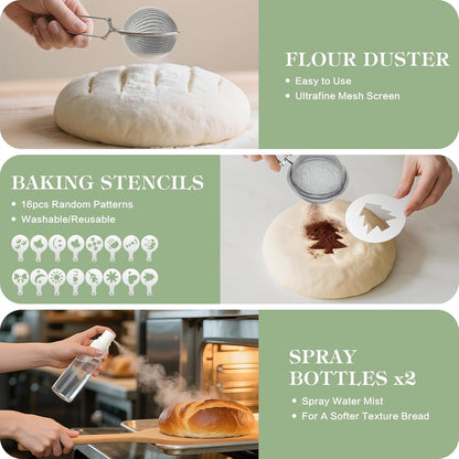 Sourdough Starter Kit, 9'' Round Banneton Bread Proofing Basket, Sourdough Kit with Jar, Sourdough Bread Baking Supplies with Bread Lame, Dough Scraper, Dough Whisk, Silicone Bread Sling