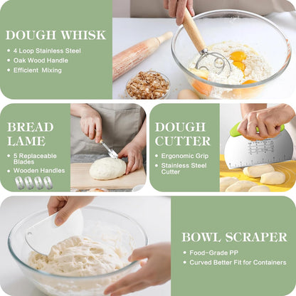 Sourdough Starter Kit, 9'' Round Banneton Bread Proofing Basket, Sourdough Kit with Jar, Sourdough Bread Baking Supplies with Bread Lame, Dough Scraper, Dough Whisk, Silicone Bread Sling