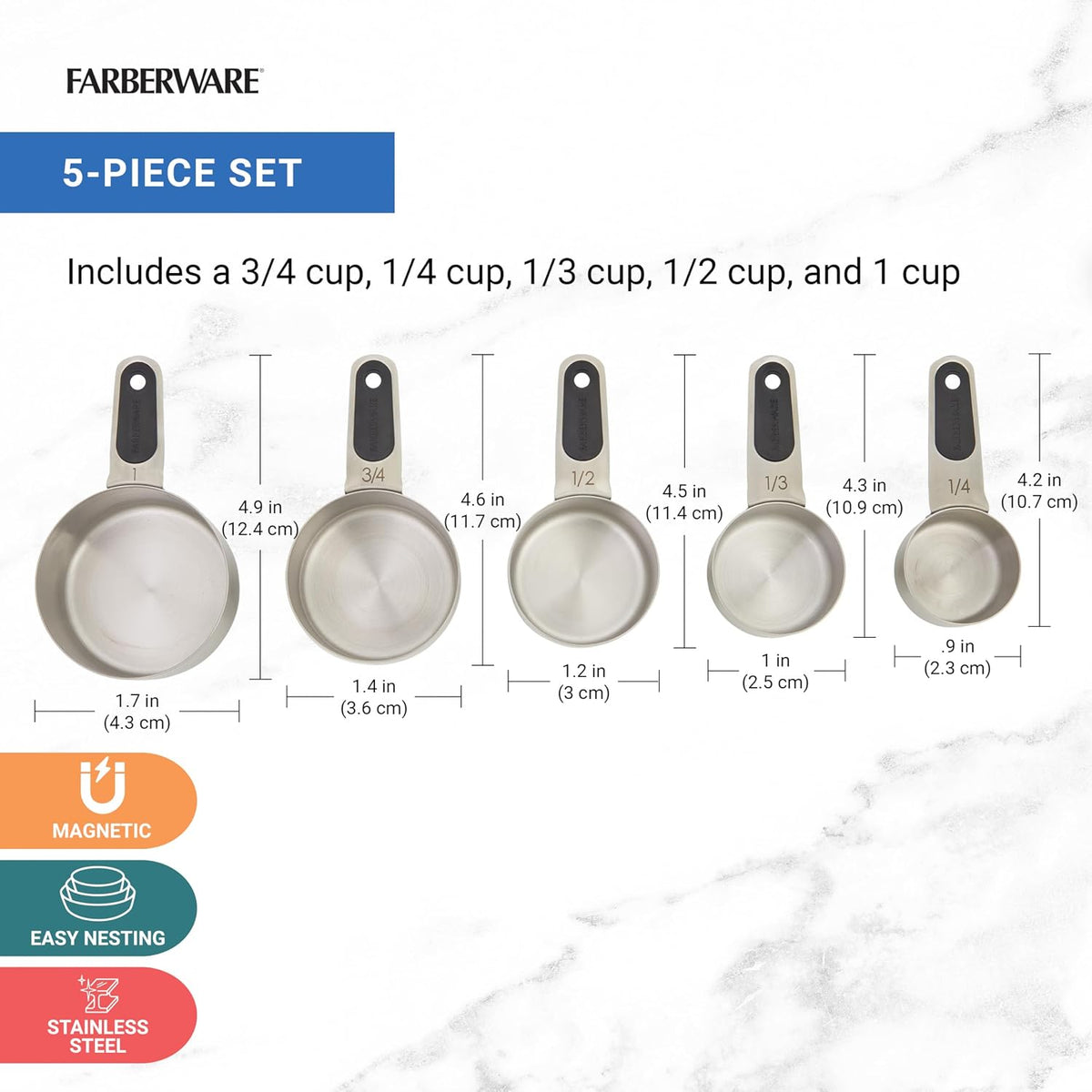 Professional Set of 5 Stainless Steel Measuring Cups, Precision and Ease in Every Scoop, Features Magnetic Handles for Easy Storage, Dishwasher Safe