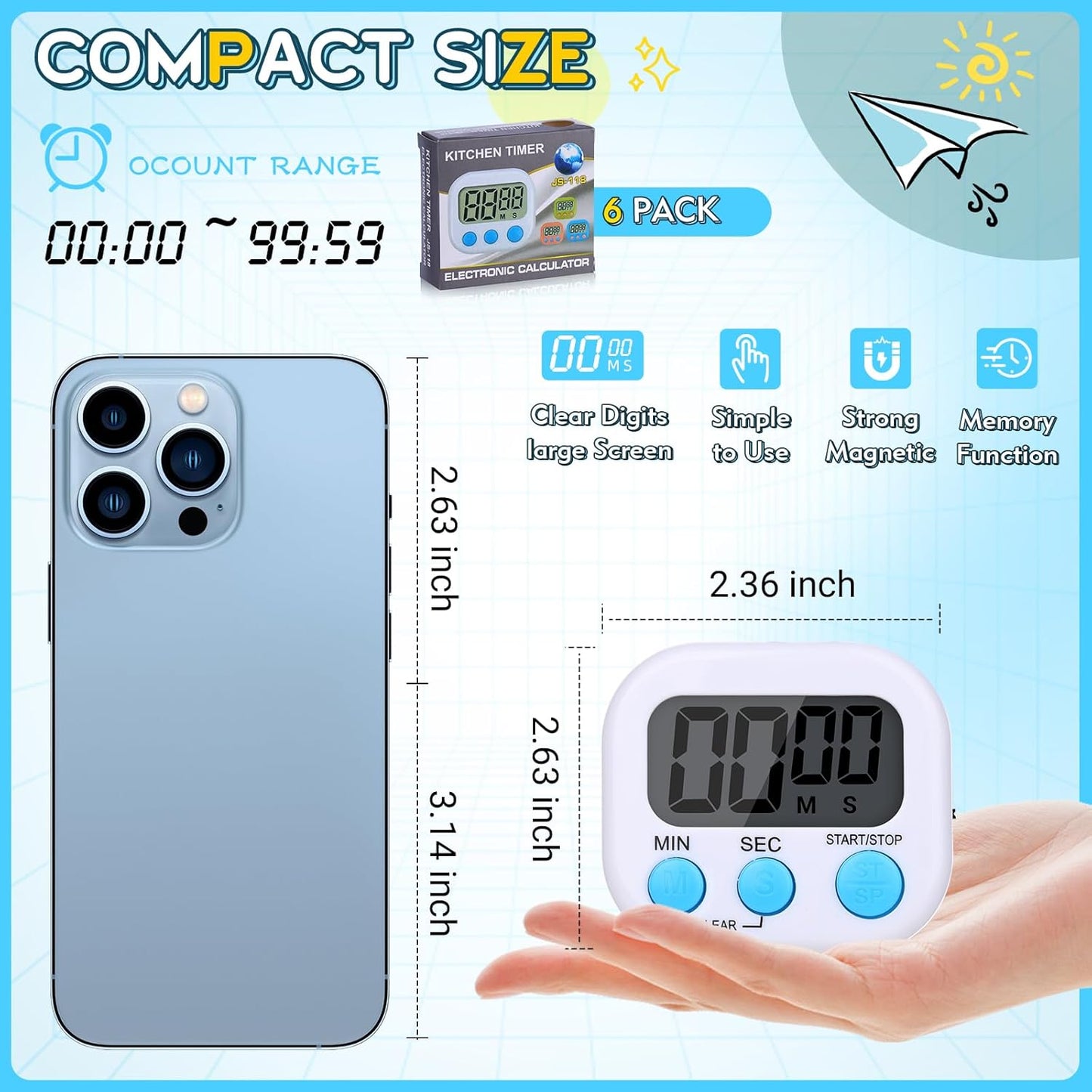 Kitchen Timer 6 Packs Digital Timers for Classroom Small Magnetic Countdown Stopwatch for Cooking Mini Loud Alarm Stop for Kitchen Study Work Baking Sports Games Timer Clock