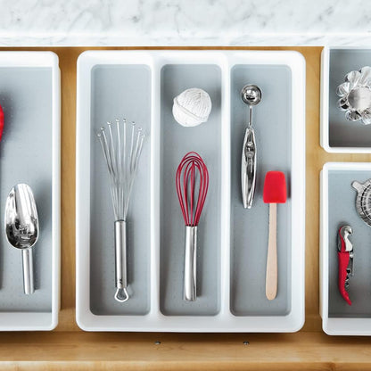 Classic 3 Compartment Kitchen Tool Tray, White | non slip feet, rounded corners, soft grip lining, wide channels, spatulas whisks tongs, ladles serving spoons, woman owned