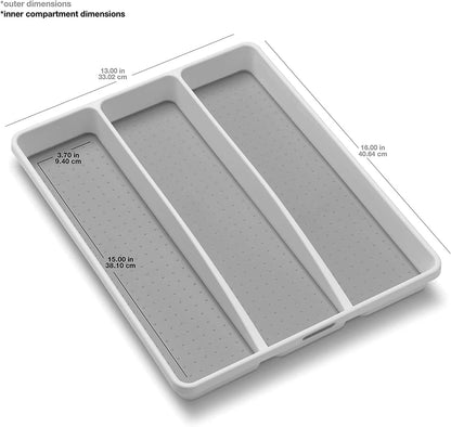 Classic 3 Compartment Kitchen Tool Tray, White | non slip feet, rounded corners, soft grip lining, wide channels, spatulas whisks tongs, ladles serving spoons, woman owned