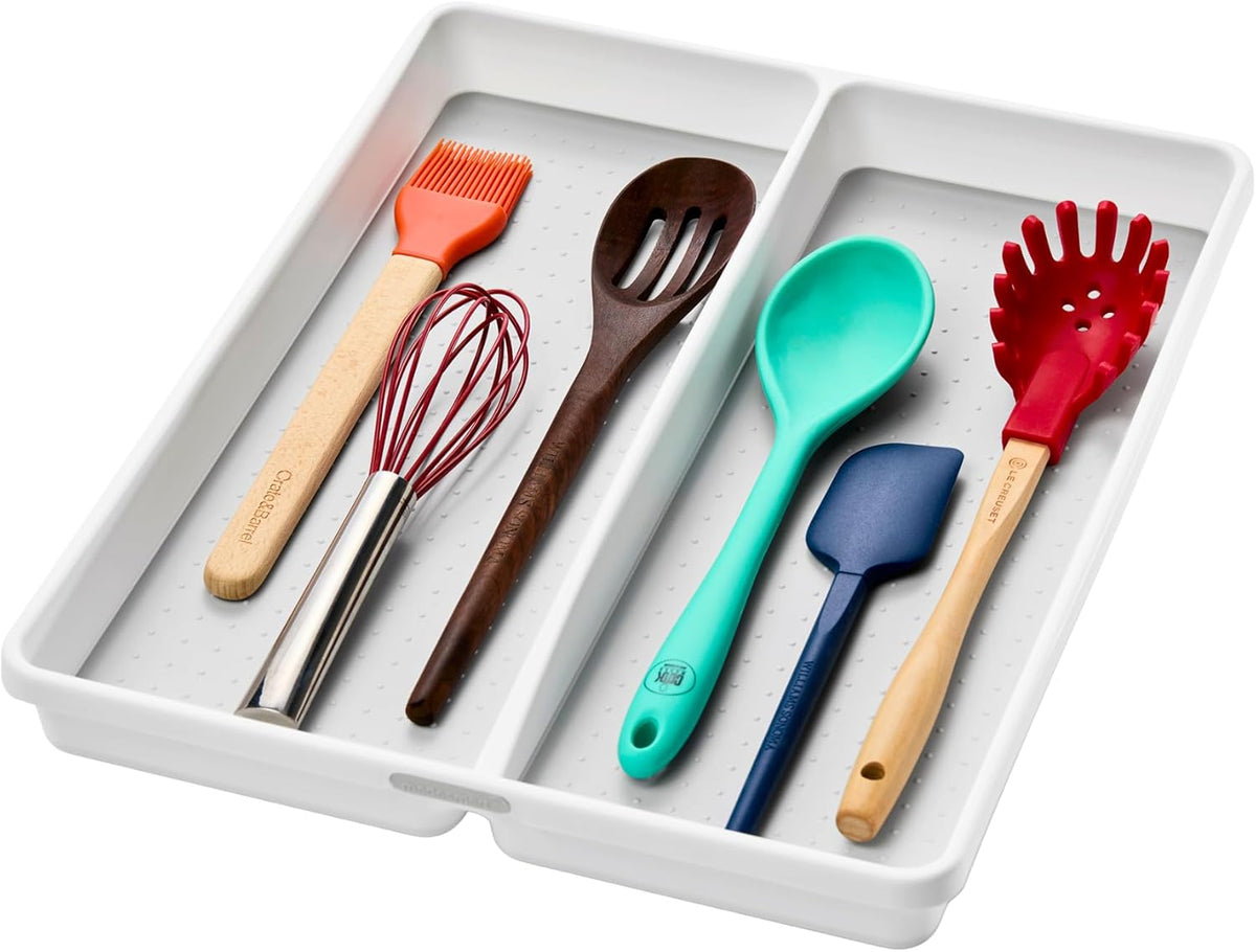 Classic 3 Compartment Kitchen Tool Tray, White | non slip feet, rounded corners, soft grip lining, wide channels, spatulas whisks tongs, ladles serving spoons, woman owned