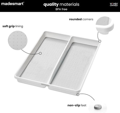 Classic 3 Compartment Kitchen Tool Tray, White | non slip feet, rounded corners, soft grip lining, wide channels, spatulas whisks tongs, ladles serving spoons, woman owned