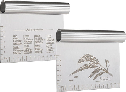 2PCS Dough Pastry Bench Cutter Scraper, Stainless Steel Kitchen Food Scraper with Protective Cover, Anti-Wear Laser-Engraved Measuring Scale and Ear Of Wheat, Dishwasher Safe (2Pack, 6 inch)