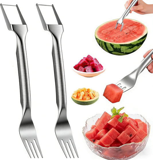 Watermelon Fork Slicer Cutter, 2PCS Stainless Steel 2-in-1 Watermelon Cutter, Portable Watermelon Fork Watermelon Cutter Slicer Tool Fruit Forks Slicer for Home Party Camping Kitchen Gadget