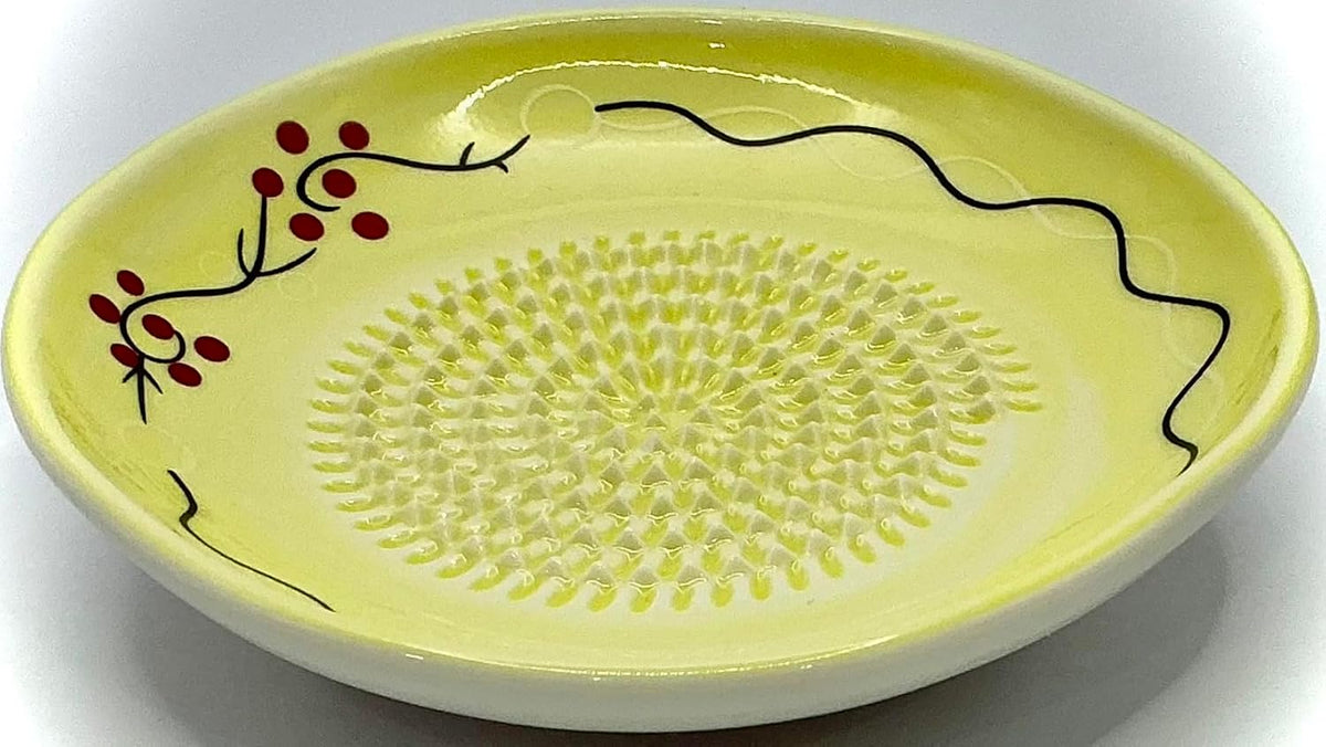 Premium Ceramic Garlic Grater Plate Set - Cherry Line on Ivory