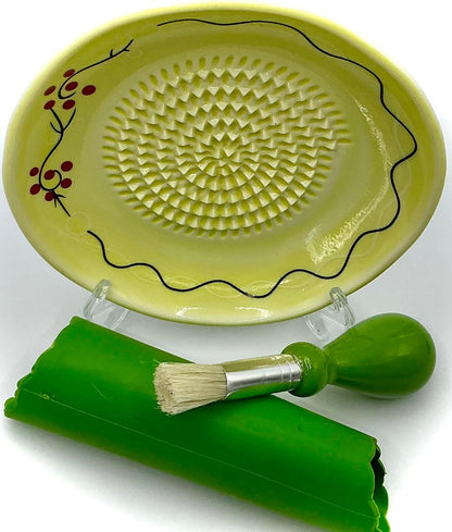 Premium Ceramic Garlic Grater Plate Set - Cherry Line on Ivory
