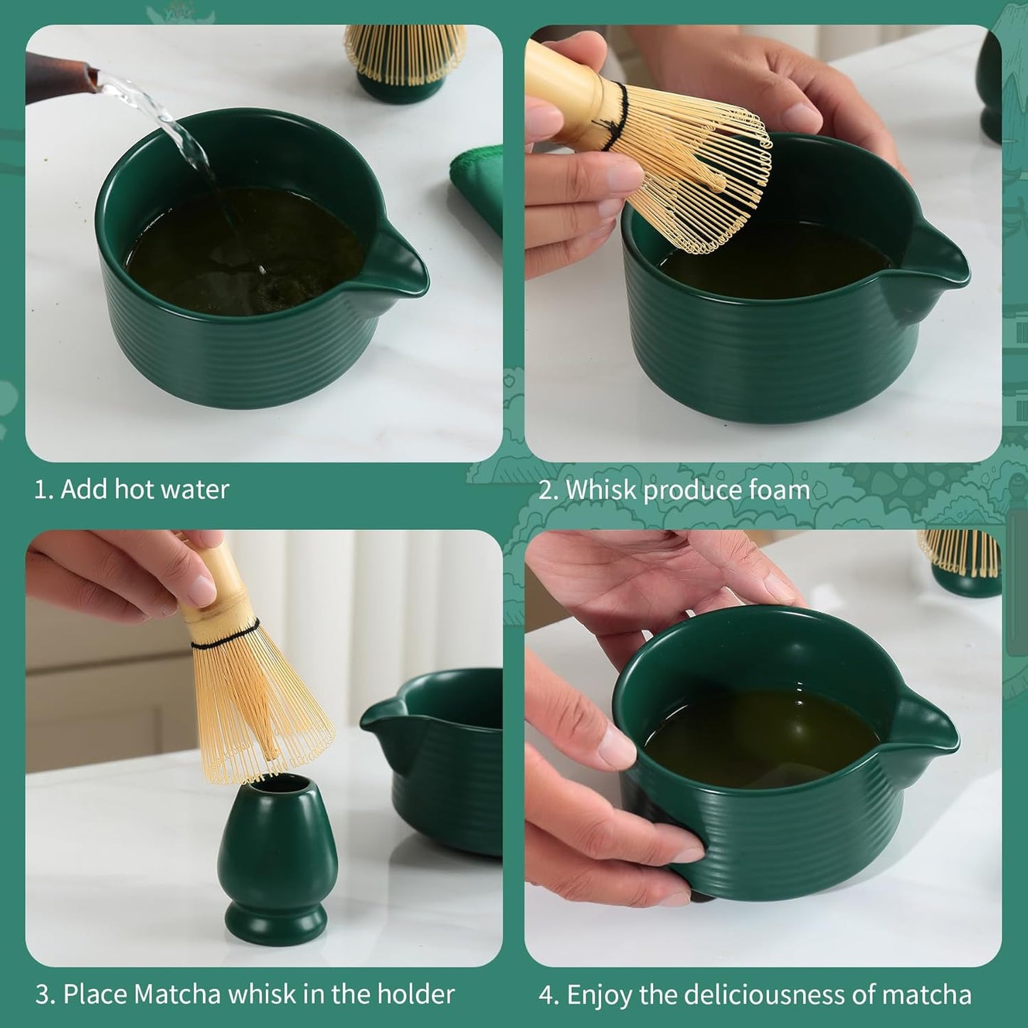 Matcha Whisk Set, Ceramic Matcha Set Includes Matcha Bowl with Spout, Whisk & Holder, Bamboo Scoop, Stainless Sifter, Towel, Matcha Kit Making Tools,Light Green,7 PCS