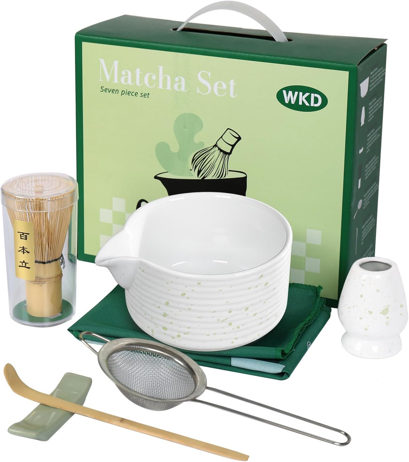 Matcha Whisk Set, Ceramic Matcha Set Includes Matcha Bowl with Spout, Whisk & Holder, Bamboo Scoop, Stainless Sifter, Towel, Matcha Kit Making Tools,Light Green,7 PCS