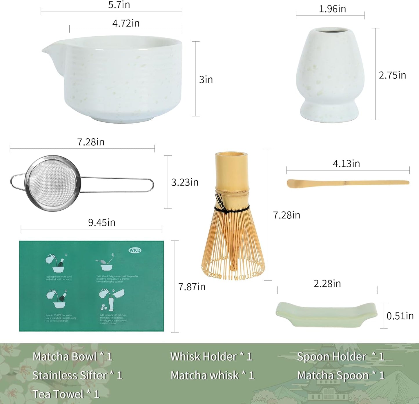 Matcha Whisk Set, Ceramic Matcha Set Includes Matcha Bowl with Spout, Whisk & Holder, Bamboo Scoop, Stainless Sifter, Towel, Matcha Kit Making Tools,Light Green,7 PCS