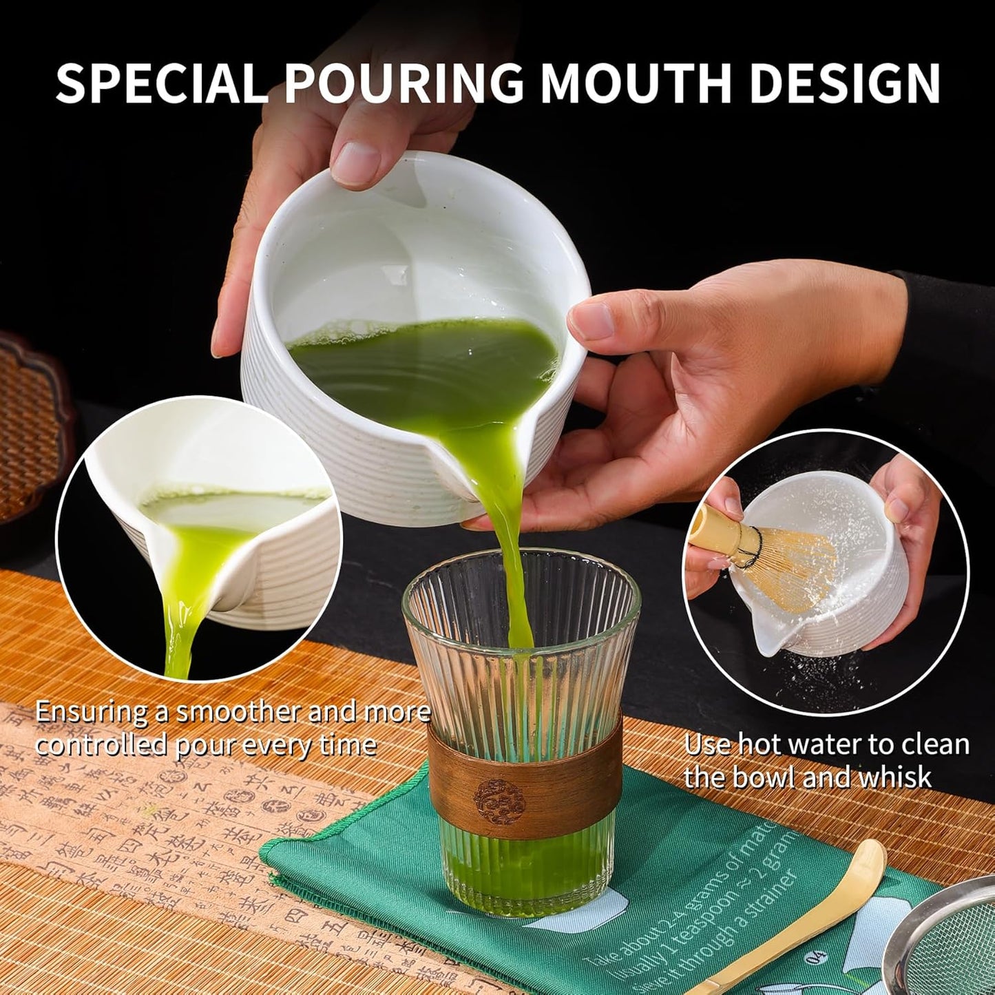 Matcha Whisk Set, Ceramic Matcha Set Includes Matcha Bowl with Spout, Whisk & Holder, Bamboo Scoop, Stainless Sifter, Towel, Matcha Kit Making Tools,Light Green,7 PCS