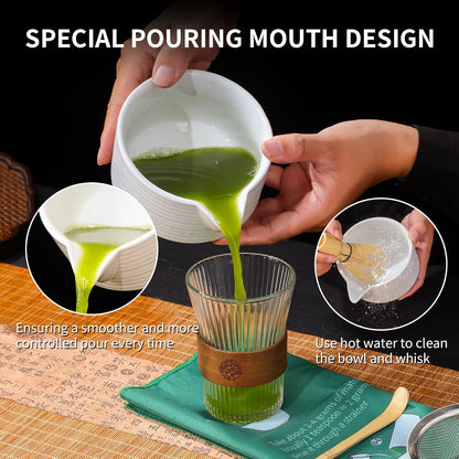 Matcha Whisk Set, Ceramic Matcha Set Includes Matcha Bowl with Spout, Whisk & Holder, Bamboo Scoop, Stainless Sifter, Towel, Matcha Kit Making Tools,Light Green,7 PCS