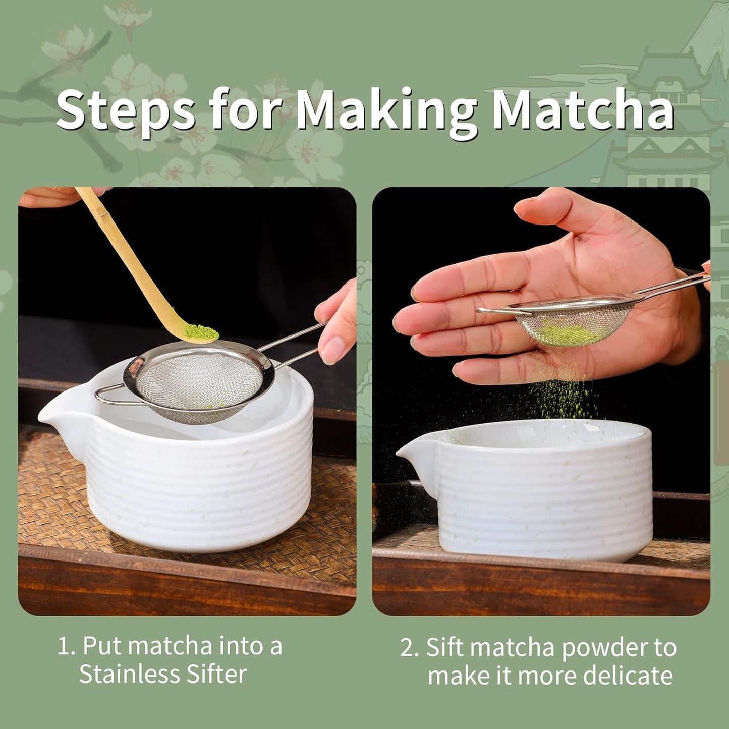 Matcha Whisk Set, Ceramic Matcha Set Includes Matcha Bowl with Spout, Whisk & Holder, Bamboo Scoop, Stainless Sifter, Towel, Matcha Kit Making Tools,Light Green,7 PCS