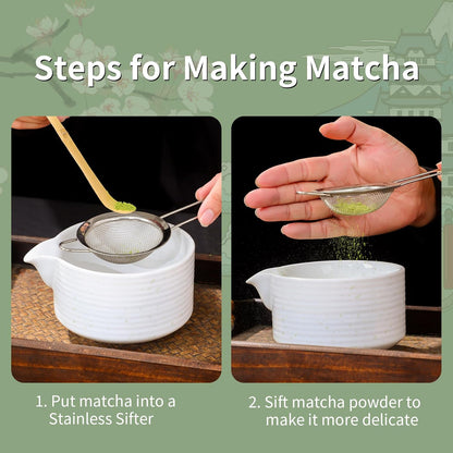 Matcha Whisk Set, Ceramic Matcha Set Includes Matcha Bowl with Spout, Whisk & Holder, Bamboo Scoop, Stainless Sifter, Towel, Matcha Kit Making Tools,Light Green,7 PCS